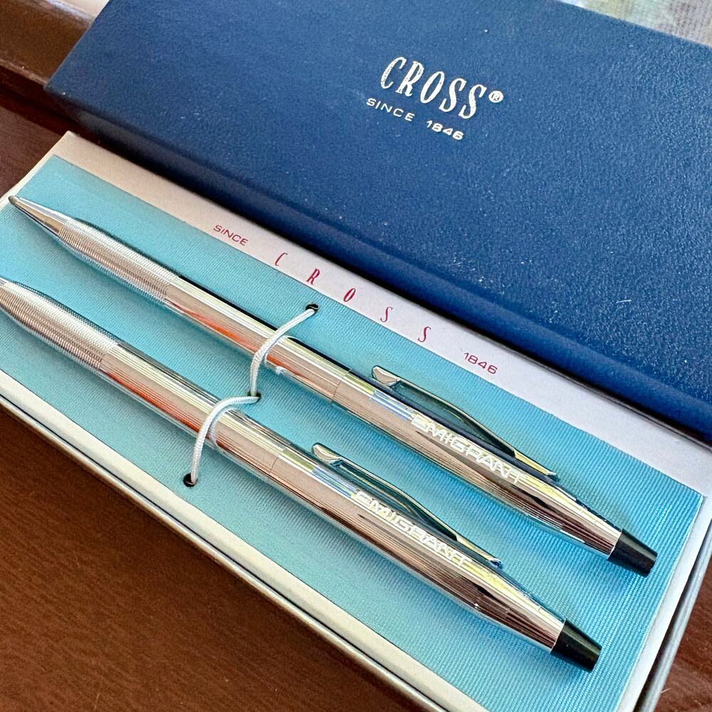 Vintage Cross Pen & Pencil Set Emigrant Logo | Chrome Writing Set w/ Box